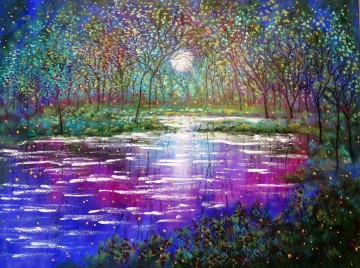 Art texture œuvres - Paysage printemps arbres lac et lucioles décor de jardin paysage art mural nature paysage texture